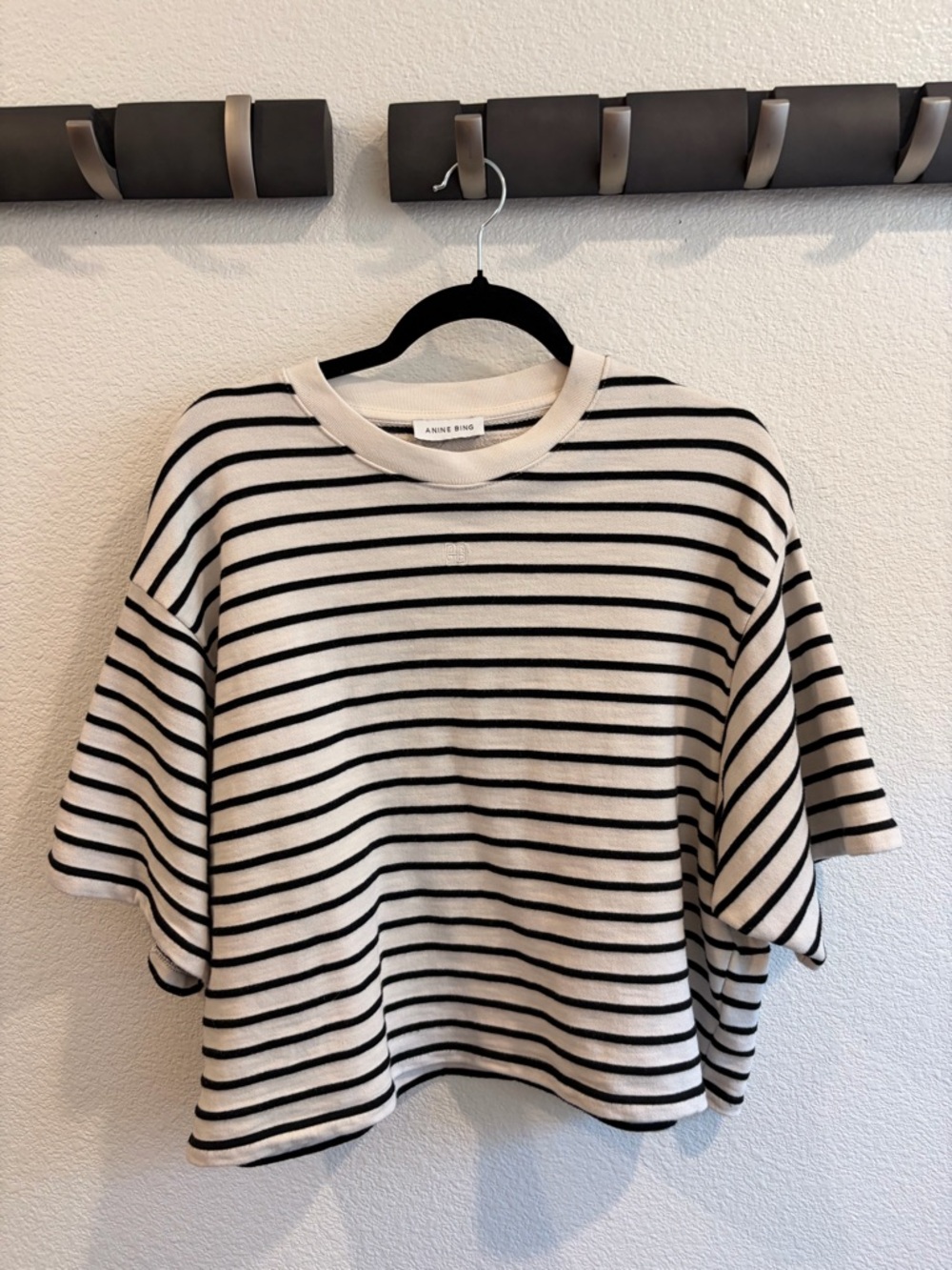 Anine Bing Myers  Cream and Black Striped Short Sleeve French Terry Knit Tee